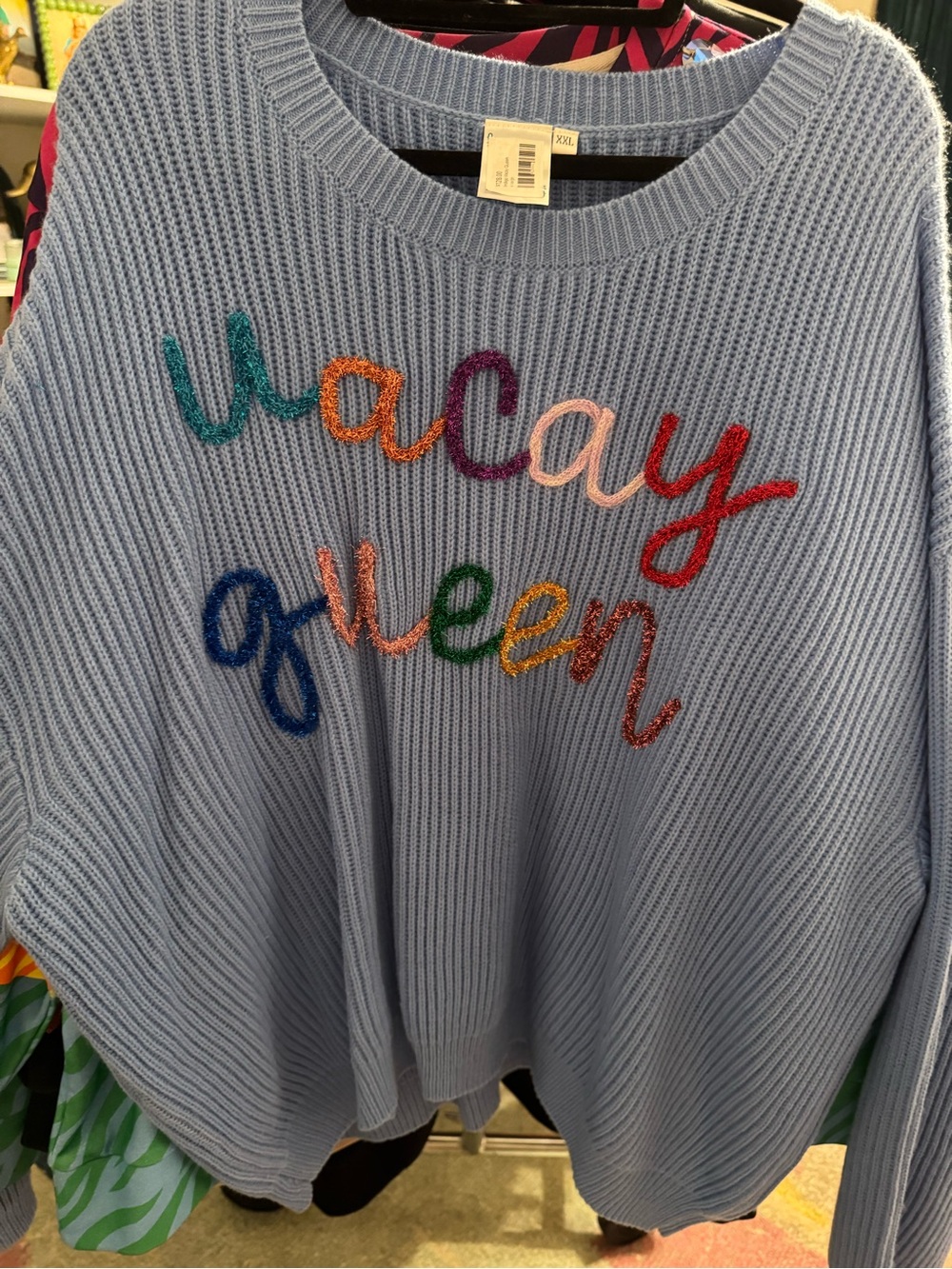 QUEEN OF SPARKLES Light Blue 'Vacay Queen' Embroidered Crewneck Sweater